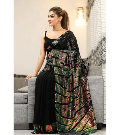 Ready-to-Wear Heavy Soft Black Georgette Sequins Saree - Inayakhan Shop 