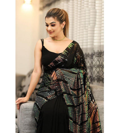 Ready-to-Wear Heavy Soft Black Georgette Sequins Saree - Inayakhan Shop 