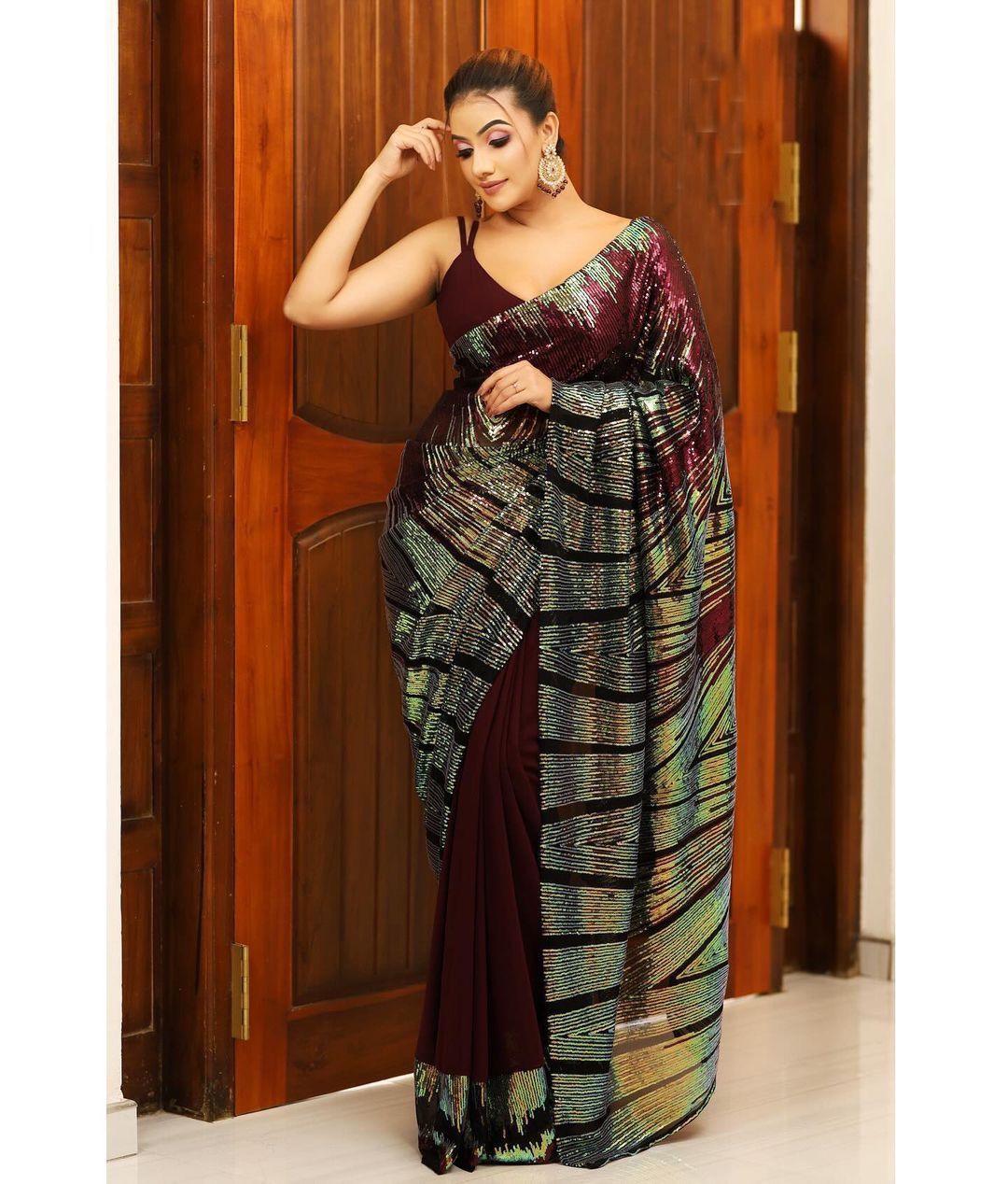 Ready-to-Wear Heavy Soft Wine Georgette Sequins Saree - Inayakhan Shop 