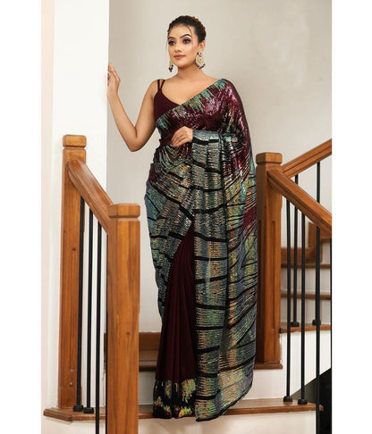 Ready-to-Wear Heavy Soft Wine Georgette Sequins Saree - Inayakhan Shop 