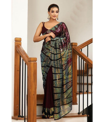 Ready-to-Wear Heavy Soft Wine Georgette Sequins Saree - Inayakhan Shop 