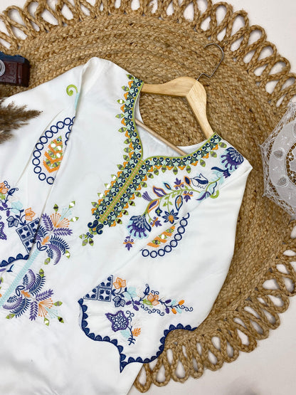 Real mirror and multicolor embroidery detail on ivory white kurti