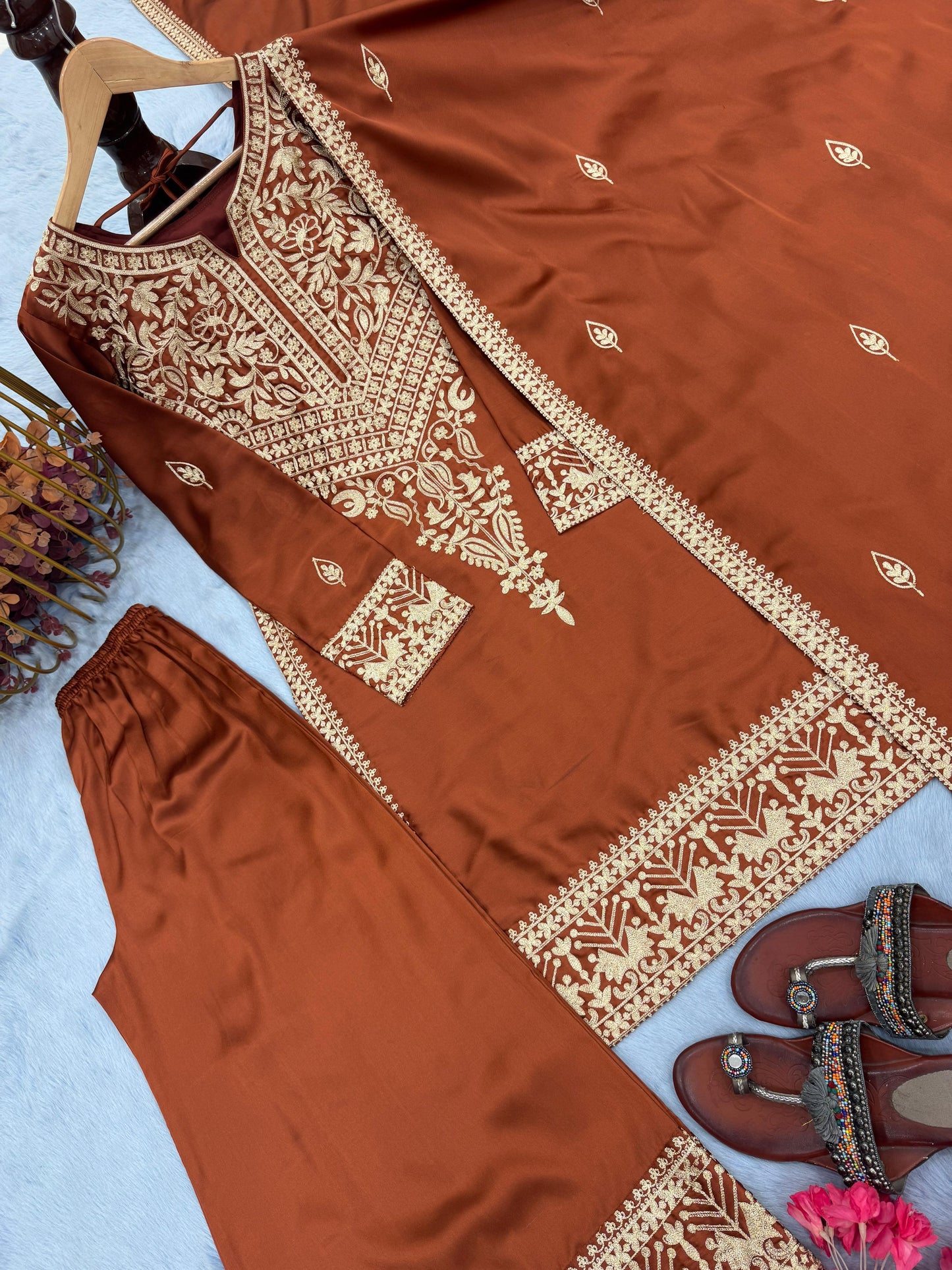 Brown Designer Pure Chinon Silk Embroidered Top & Palazzo Set with Dupatta