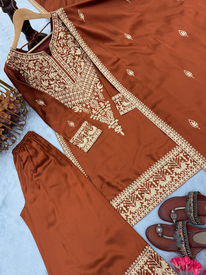Brown Designer Pure Chinon Silk Embroidered Top & Palazzo Set with Dupatta