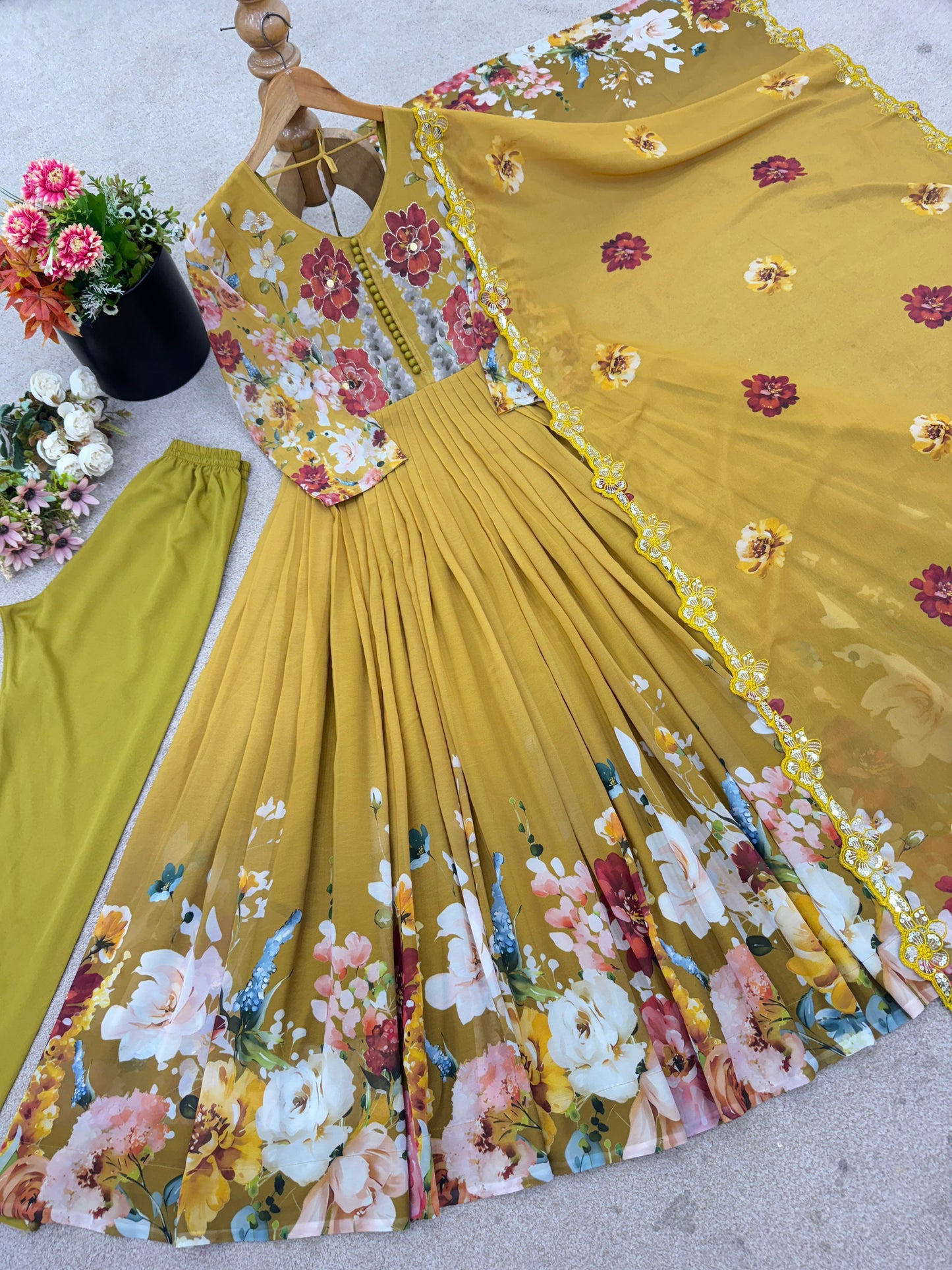 Yellow Enchanting Floral Georgette Gown & Pant Set with Embroidered Dupatta