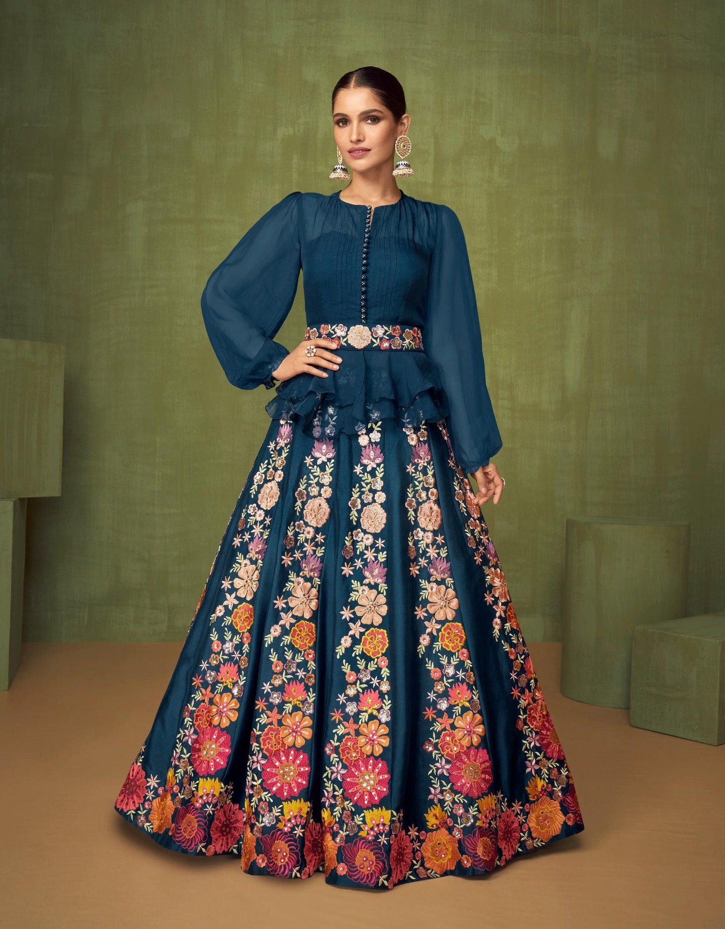 Blue Eleganza Indo-Western Embroidered Anarkali Gown Set