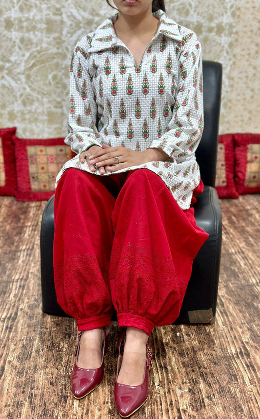 Red Afghani Co -Ord Sets with Authentic Chikan Fabric & Digital Print - Inayakhan Shop 