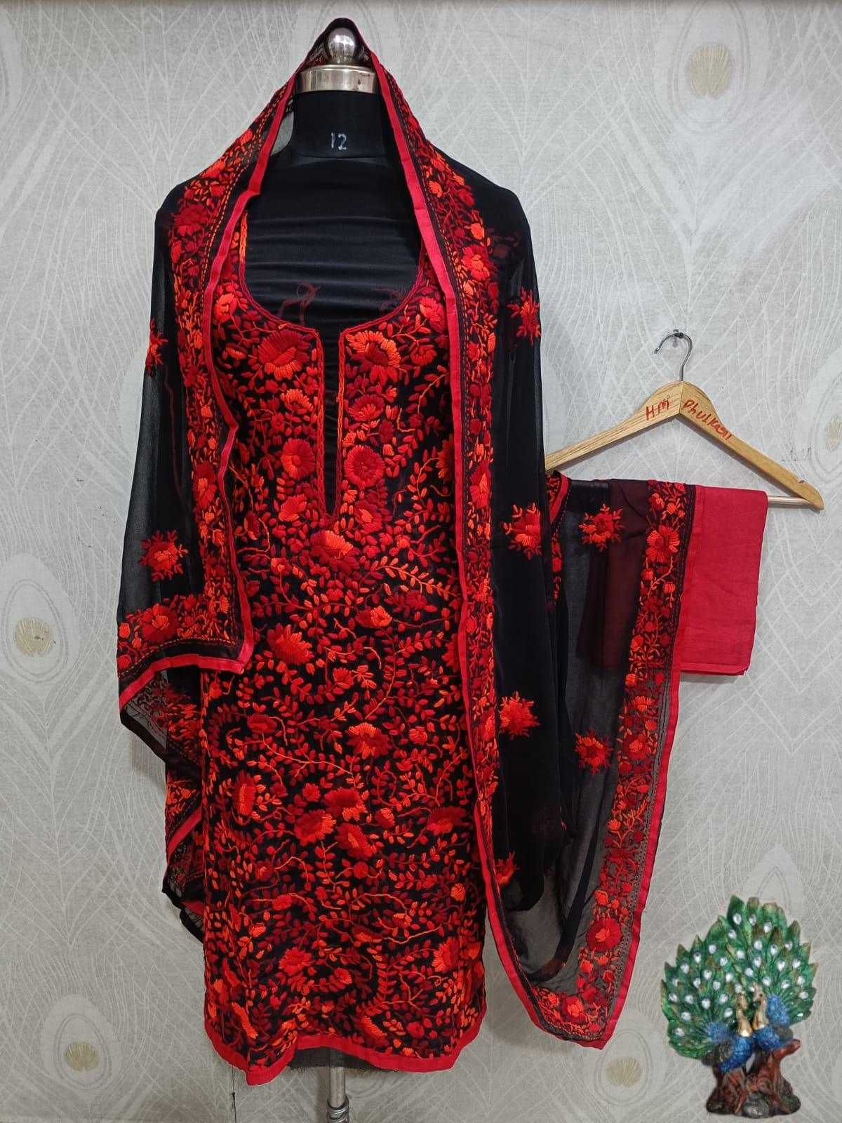 Red & Black Special Georgette Phulkari Suit with Beautiful Embroidery Shopping Online - Inayakhan Shop 