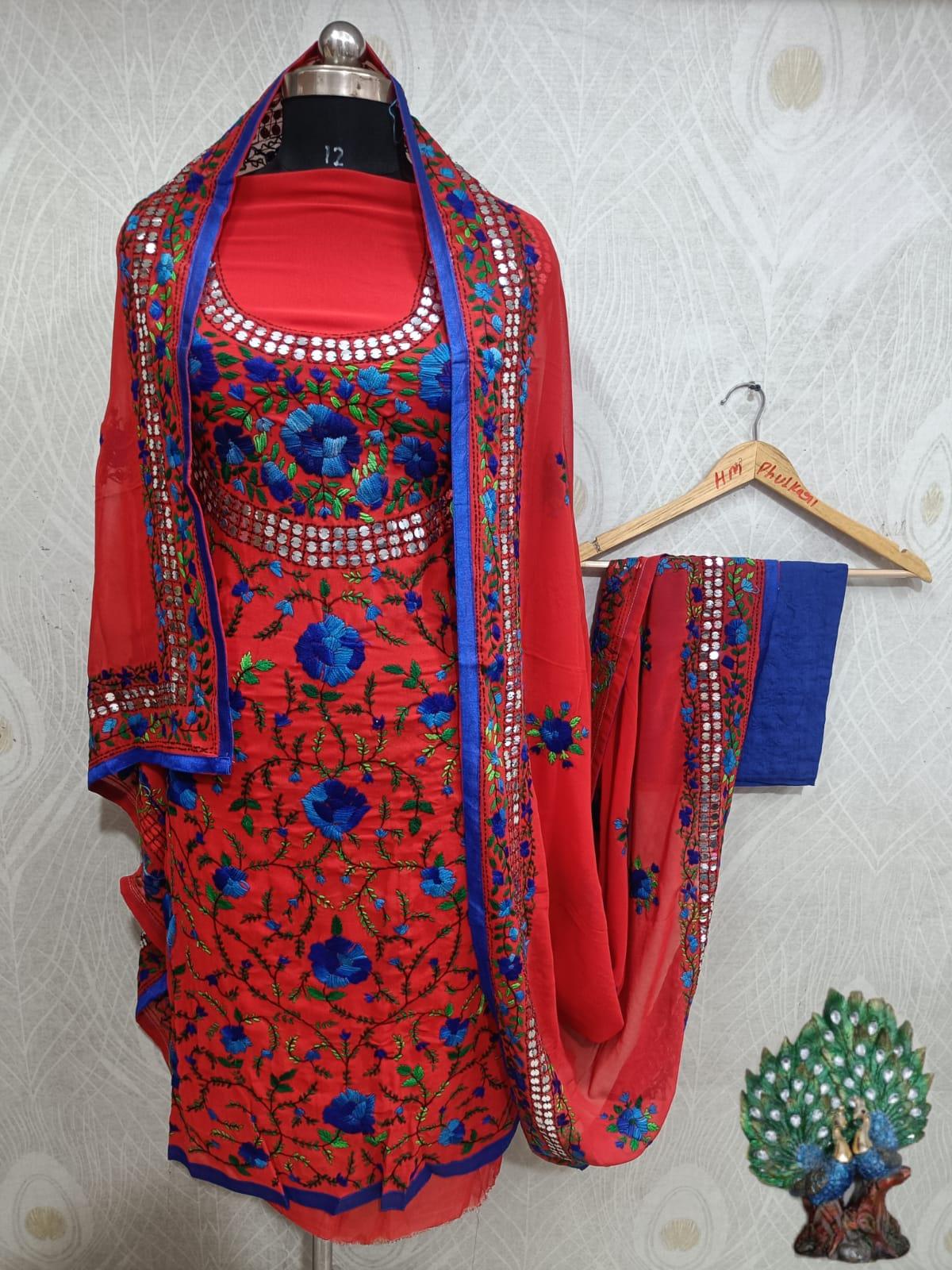 Red & Blue Special Georgette Phulkari Suit with Beautiful Embroidery Shopping Online - Inayakhan Shop 