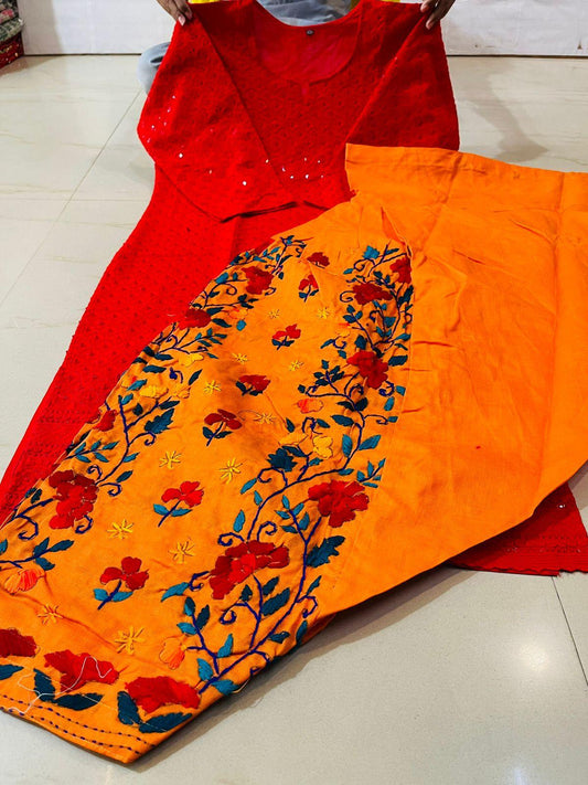 Red and Orange Sequined Splendor Chikankari Kurti and Patiala Salwar Set - Inayakhan Shop 
