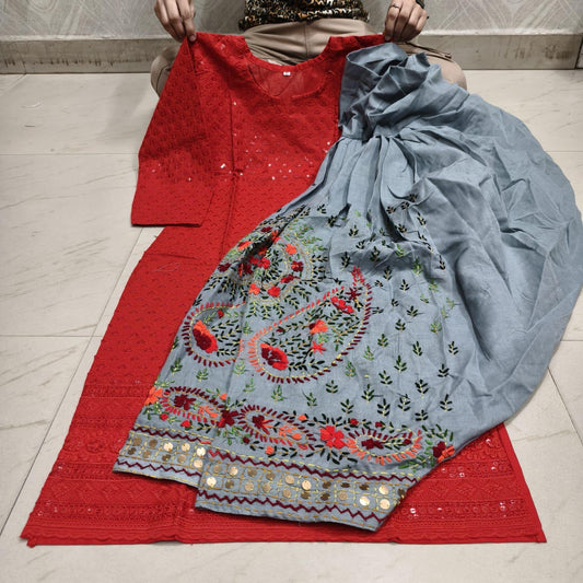 Red Beautiful Embroidered Phulkari Kantha Salwar & Chikankari Kurti Set - Inayakhan Shop 