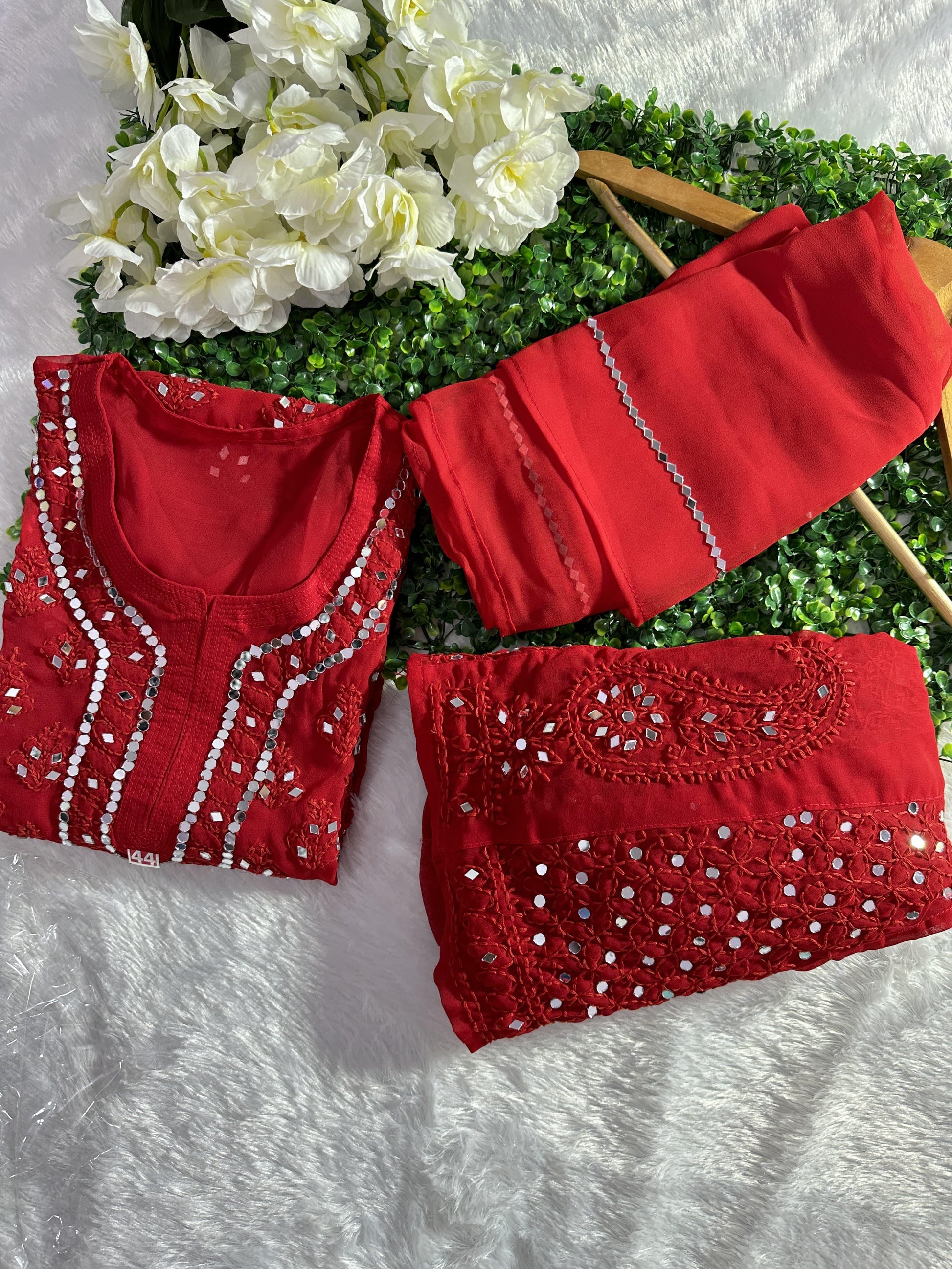 Red Best Seller Georgette Mirror Gala Booti Chikankari Set with Beautiful Handwork Embroidery - Inayakhan Shop 