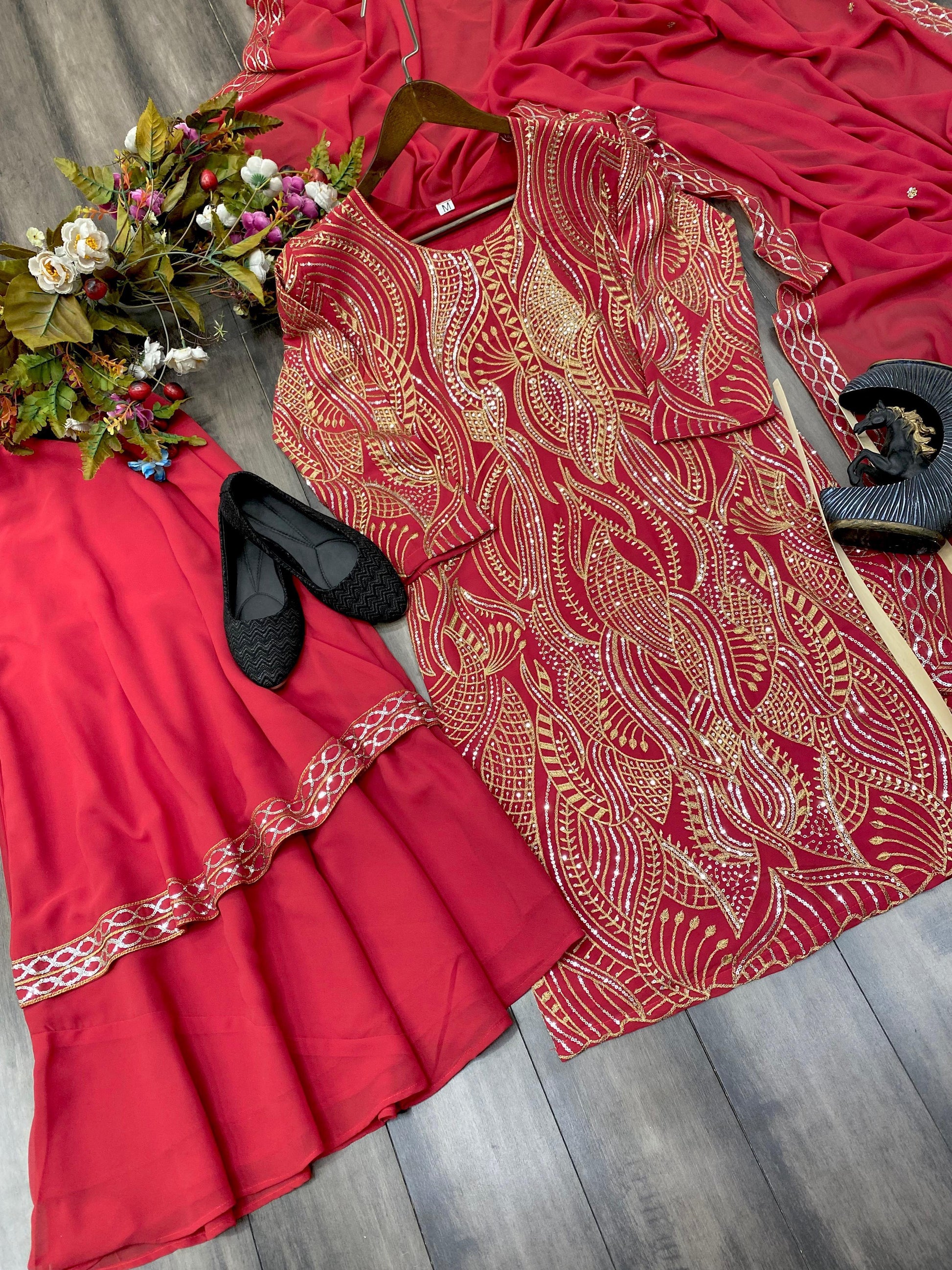 Red Best Seller Sequins Embroidery Work Suit with Fancy Ruffle Palazzo and Dupatta - Inayakhan Shop 