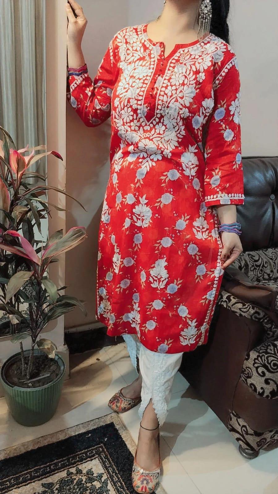 Red Blissful Elegance Lucknowi Chikankari Kurta and Dhoti Set - Inayakhan Shop 