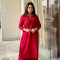 Red Breezy Blossoms: Pure Cotton Dyed Mukesh Work Kurti Palazzo Set