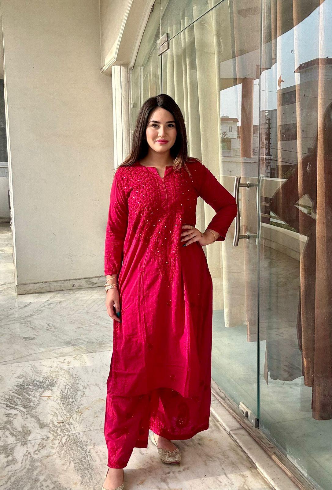 Red Breezy Blossoms: Pure Cotton Dyed Mukesh Work Kurti Palazzo Set - Inayakhan Shop 