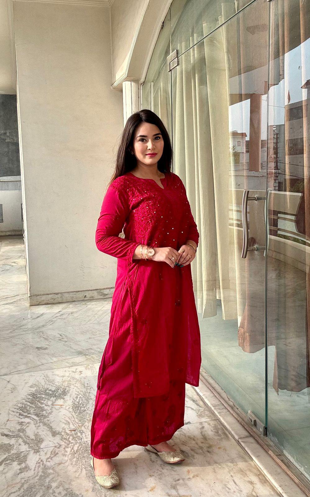 Red Breezy Blossoms: Pure Cotton Dyed Mukesh Work Kurti Palazzo Set - Inayakhan Shop 