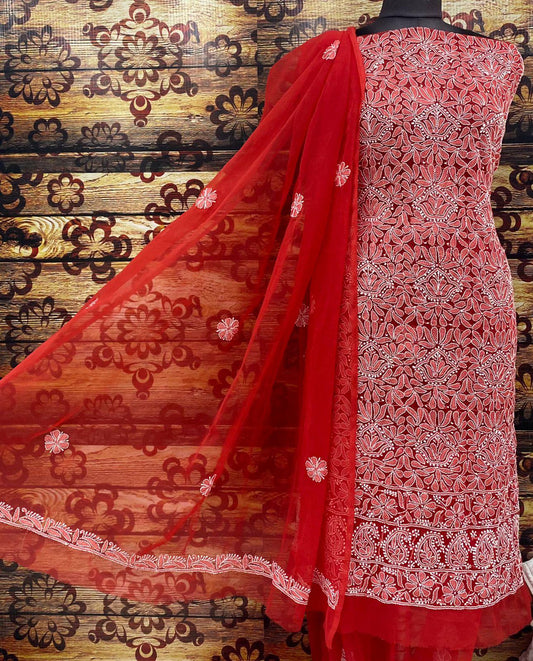 Red Chiffon Georgette 3-Pc Suit with Intricate Handwork Embroidery All Over Kurta Latest Online - Inayakhan Shop 