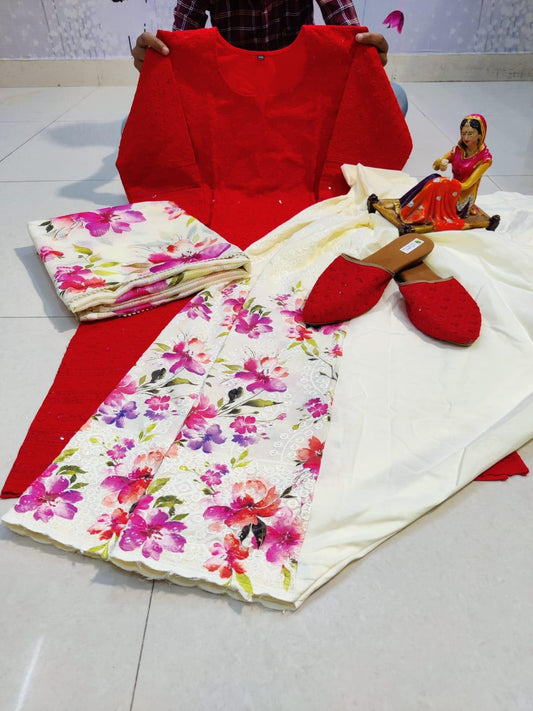 Red Chikan Elegance Patiala Salwar Suit Set with Jutti - Inayakhan Shop 