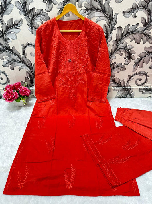 Red Chikankari Bliss Combo: Dyeable Pure Cotton Kurti & Palazzo Set - Inayakhan Shop 