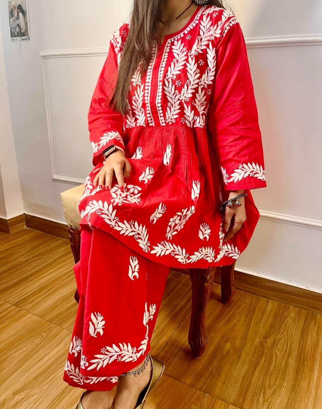 Red Chikankari Cotton Short Gown Palazzo Sets - Inayakhan Shop 