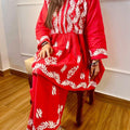 Red Chikankari Cotton Short Gown Palazzo Sets