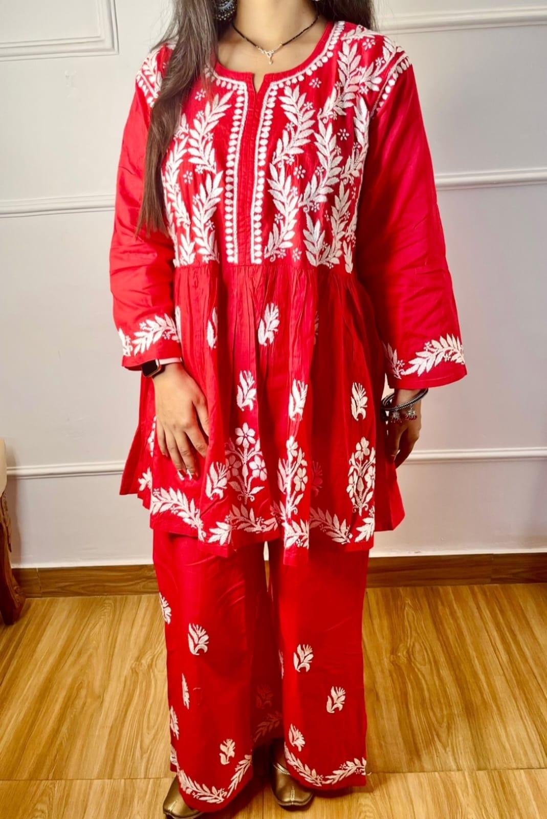 Red Chikankari Cotton Short Gown Palazzo Sets - Inayakhan Shop 