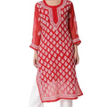 Red Chikankari Elegance: Long Chiffon Kurti Set