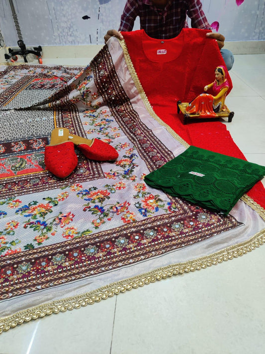 Red Chikankari Kurta and Green Pallazo With Jutti and Beautiful Multicolor Pakistani Mirror Dupatta - Inayakhan Shop 