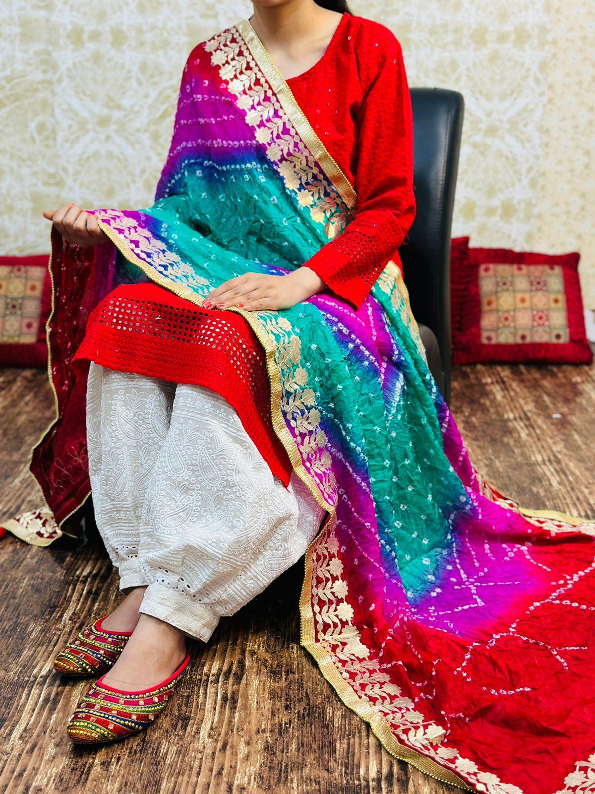Red Chikankari kurta with Afghani Pant in White and Pink Teal Mix Bandhani Dupatta - Inayakhan Shop 