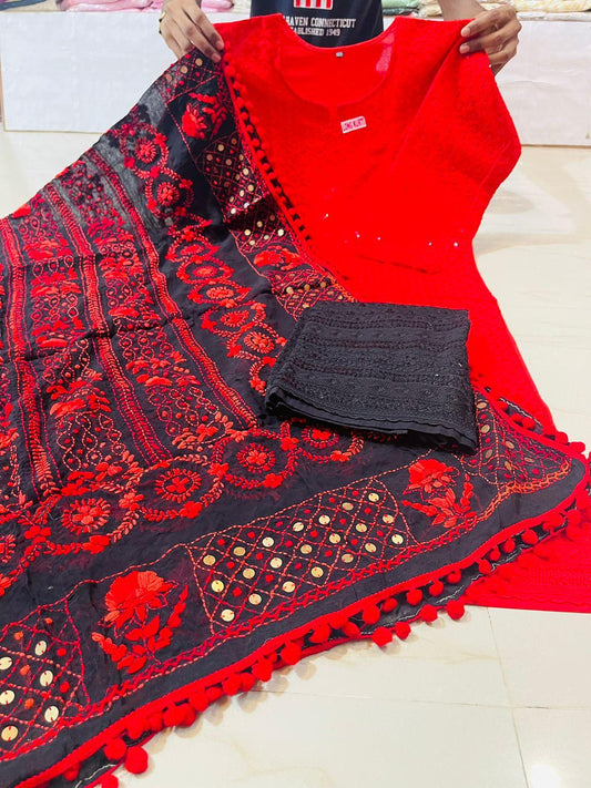 Red Chikankari Sequin Work Ready-to-Wear Kurti, Plazo, and Dupatta Set - Inayakhan Shop 