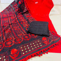 Red Chikankari Sequin Work Ready-to-Wear Kurti, Plazo, and Dupatta Set