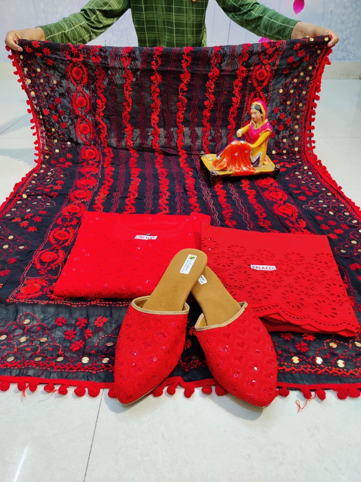 Red Chikankari Sequins Kurti with Handwork Embroidery Latest Online - Inayakhan Shop 