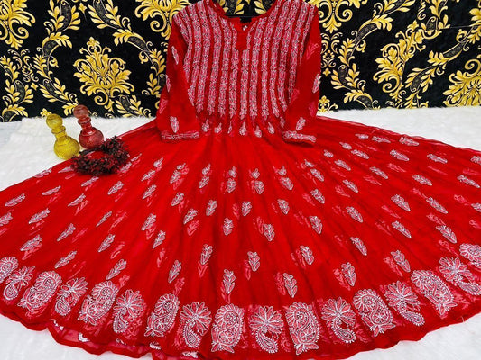Red Classic Lucknow Chikankari Anarkali Gown 56 inch Kali - Inayakhan Shop 
