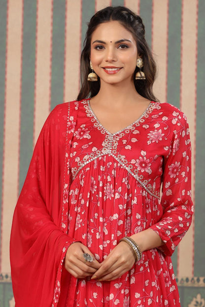 Red Color Elegant Chinnon fabric with beautiful Aliya cut in Naira kurti paired With Pant and Chiffon Dupatta - Inayakhan Shop 