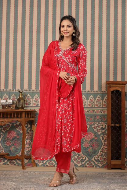 Red Color Elegant Chinnon fabric with beautiful Aliya cut in Naira kurti paired With Pant and Chiffon Dupatta - Inayakhan Shop 