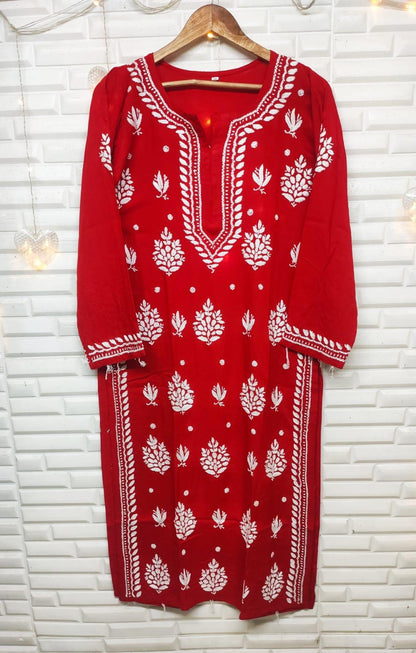 Red Color Exquisite Chikankari Modal rayon designer kurti - Inayakhan Shop 