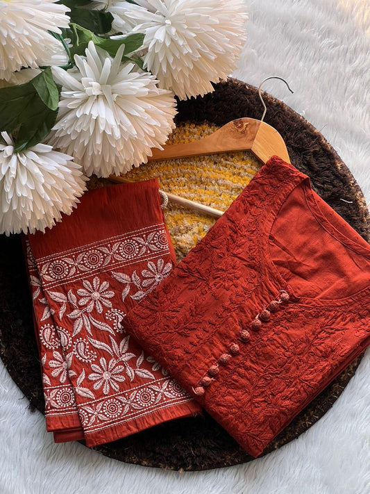 Red Cotton Chikankari Hand Work Kurti Suits Online - Inayakhan Shop 