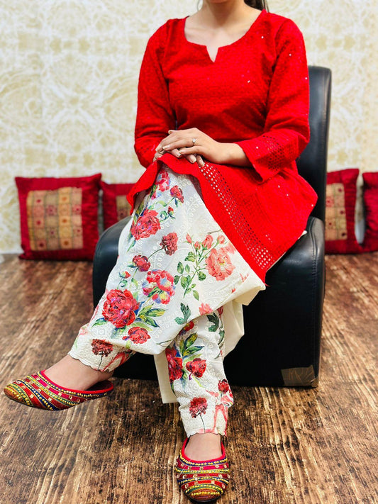 Red Cotton Elegance Sequin-Infused Chikan Kurti and Digital Patiala Ensemble - Inayakhan Shop 