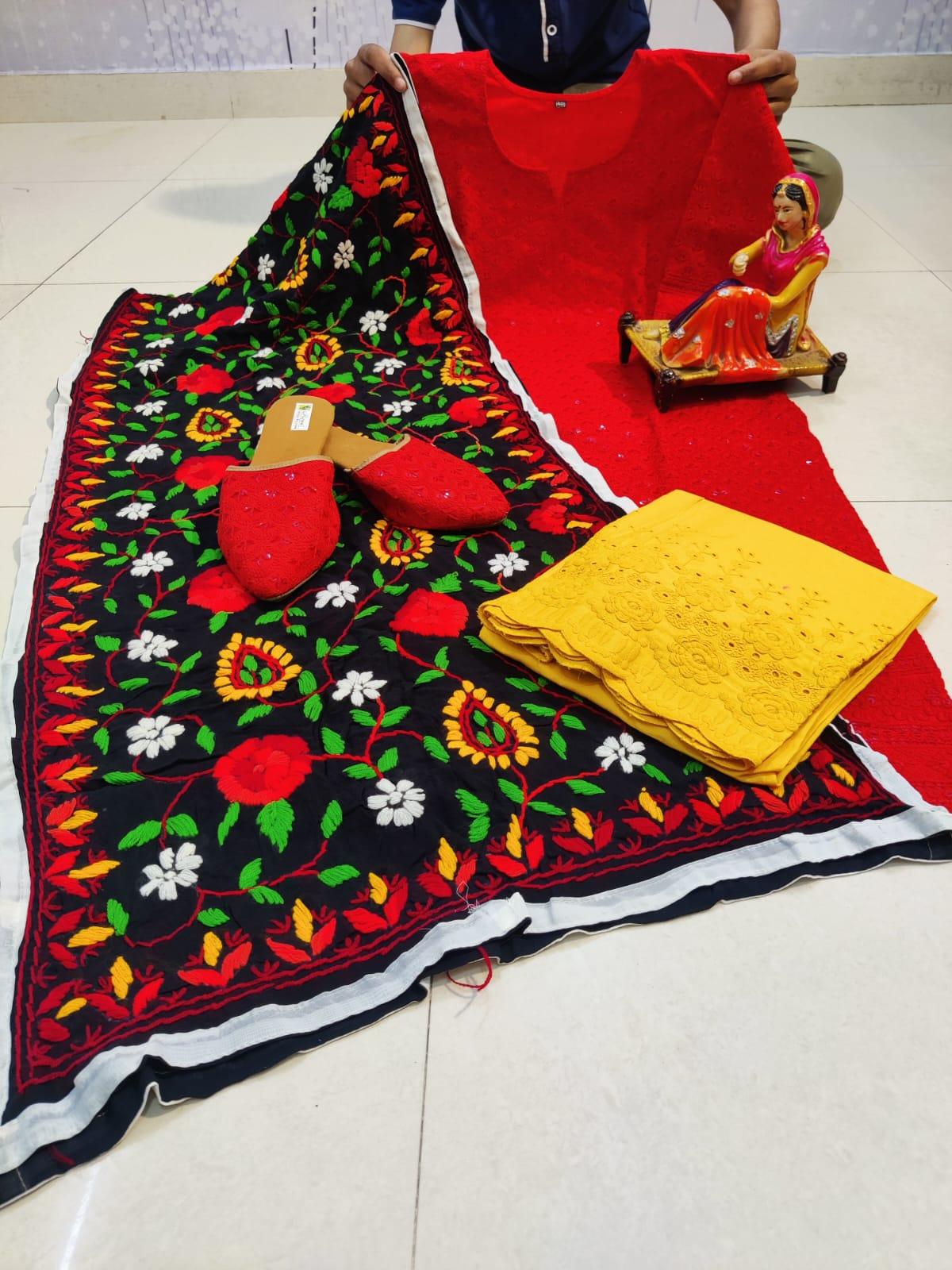 Red Cotton Phulkari Suit with Beautiful Chikan & Sequins Embroidery Work Shopping Online - Inayakhan Shop 