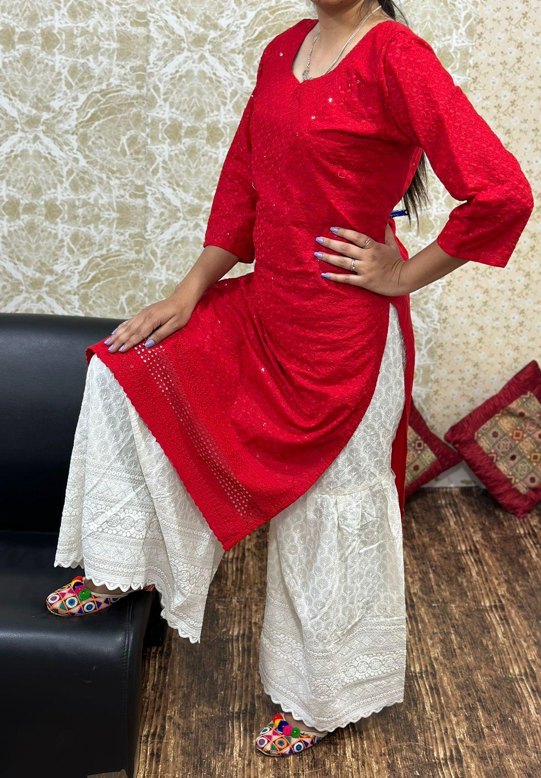 Red Cutwork Embroidered Kurti with Full Chikan Ghaara Set - Inayakhan Shop 