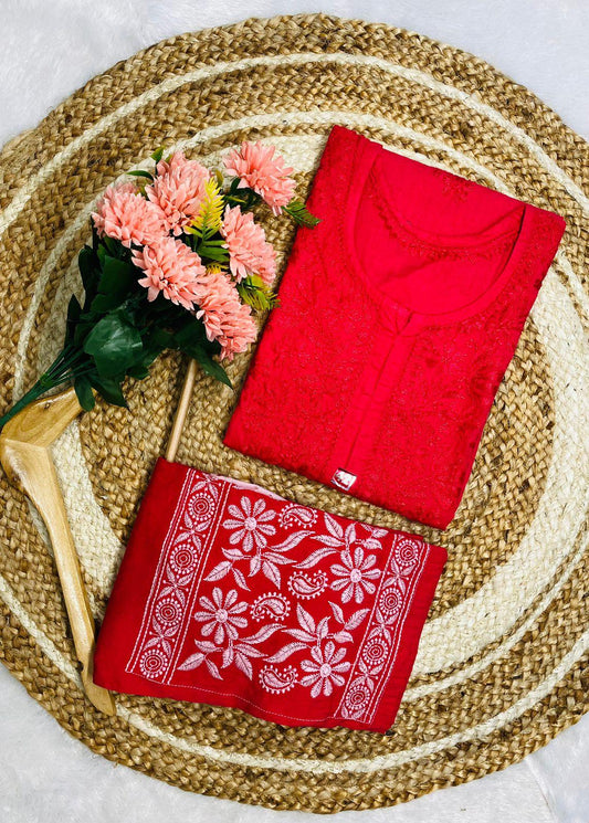 Red Elegance Chikankari Cotton Kurti & Coordinated Set ++ Sizes available - Inayakhan Shop 