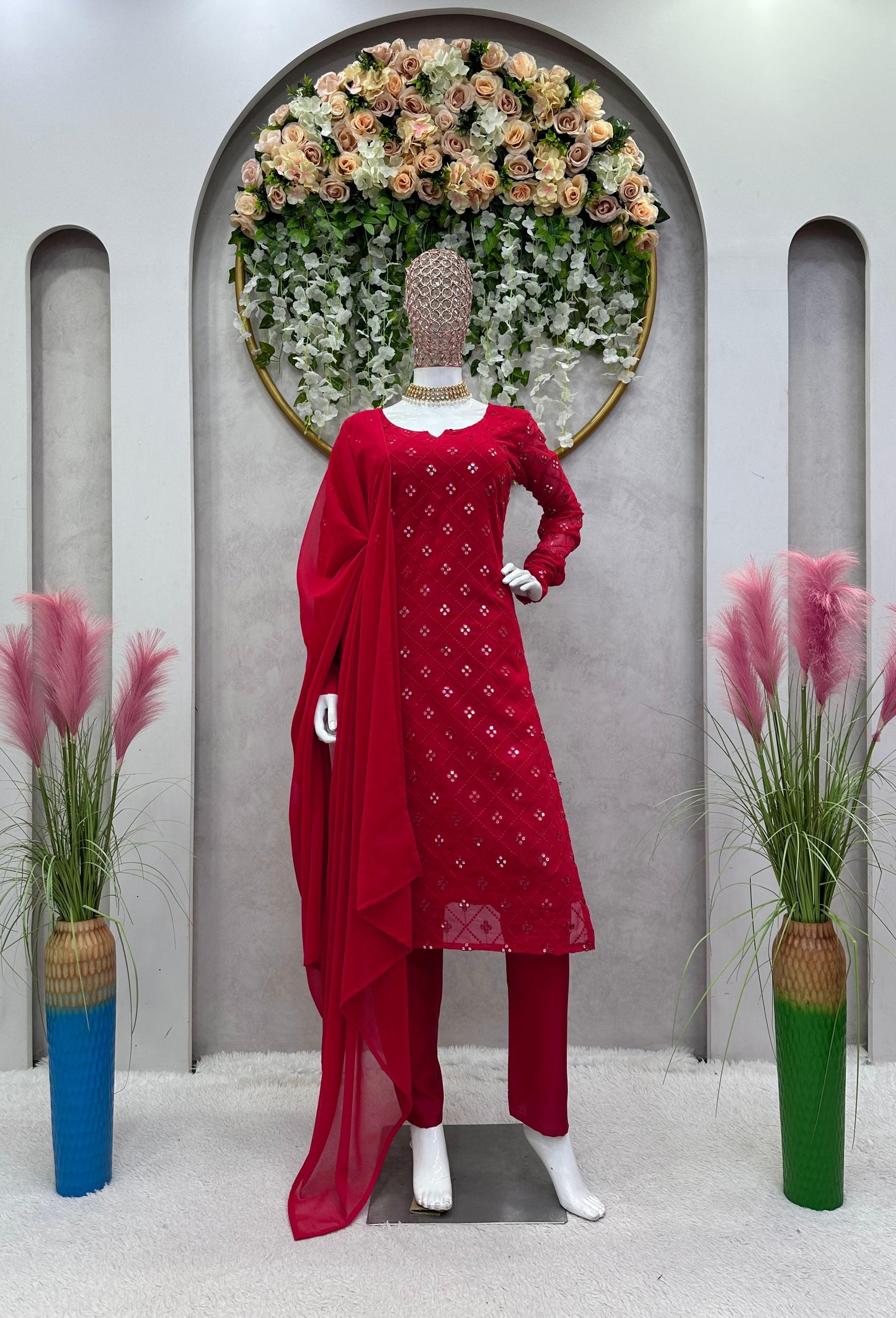 Red Elegant Georgette Designer Suit Set 3 pc - Inayakhan Shop 