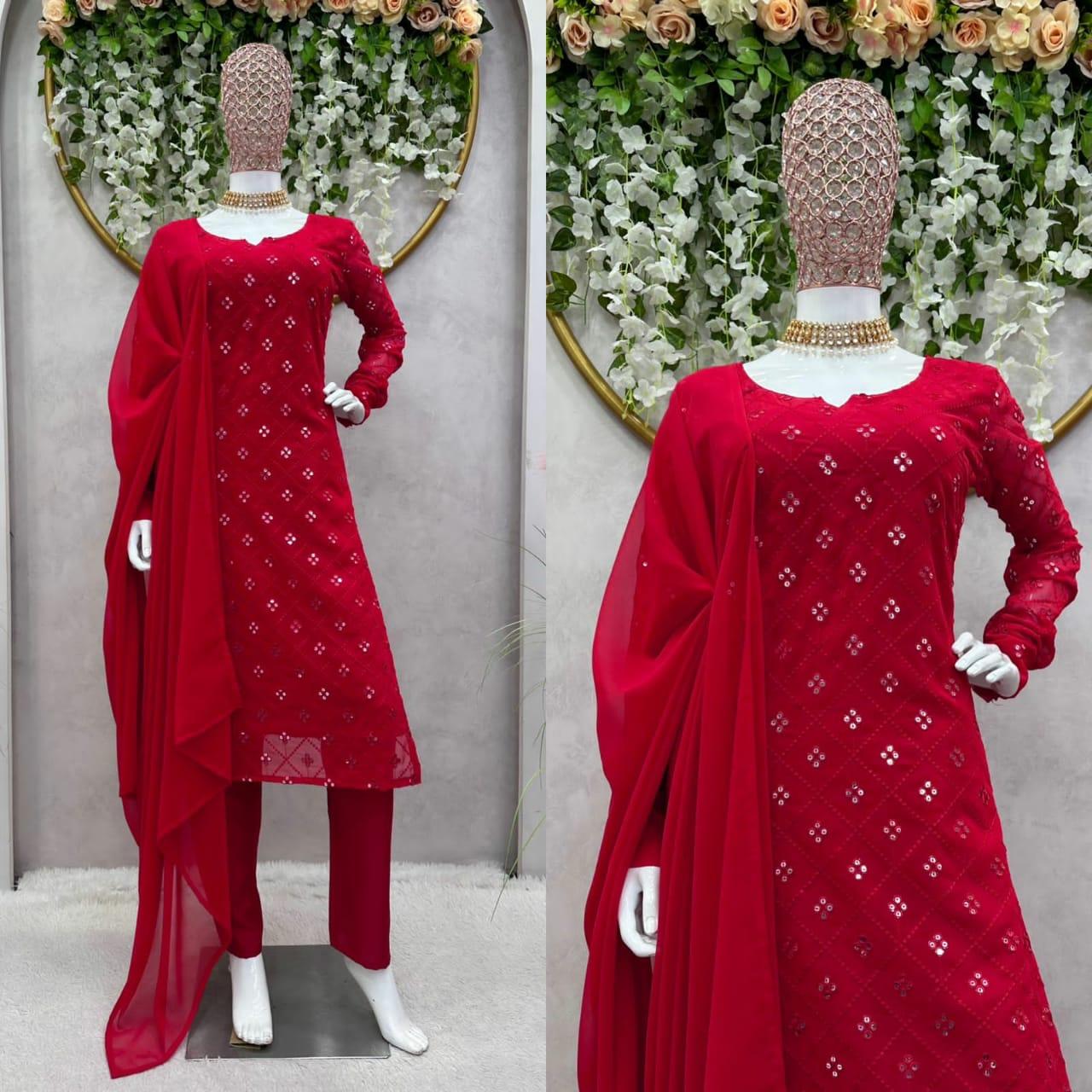 Red Elegant Georgette Designer Suit Set 3 pc - Inayakhan Shop 