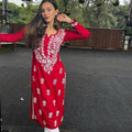 Red Elegant Lucknowi Chikankari Cotton Kurti & Pant Set