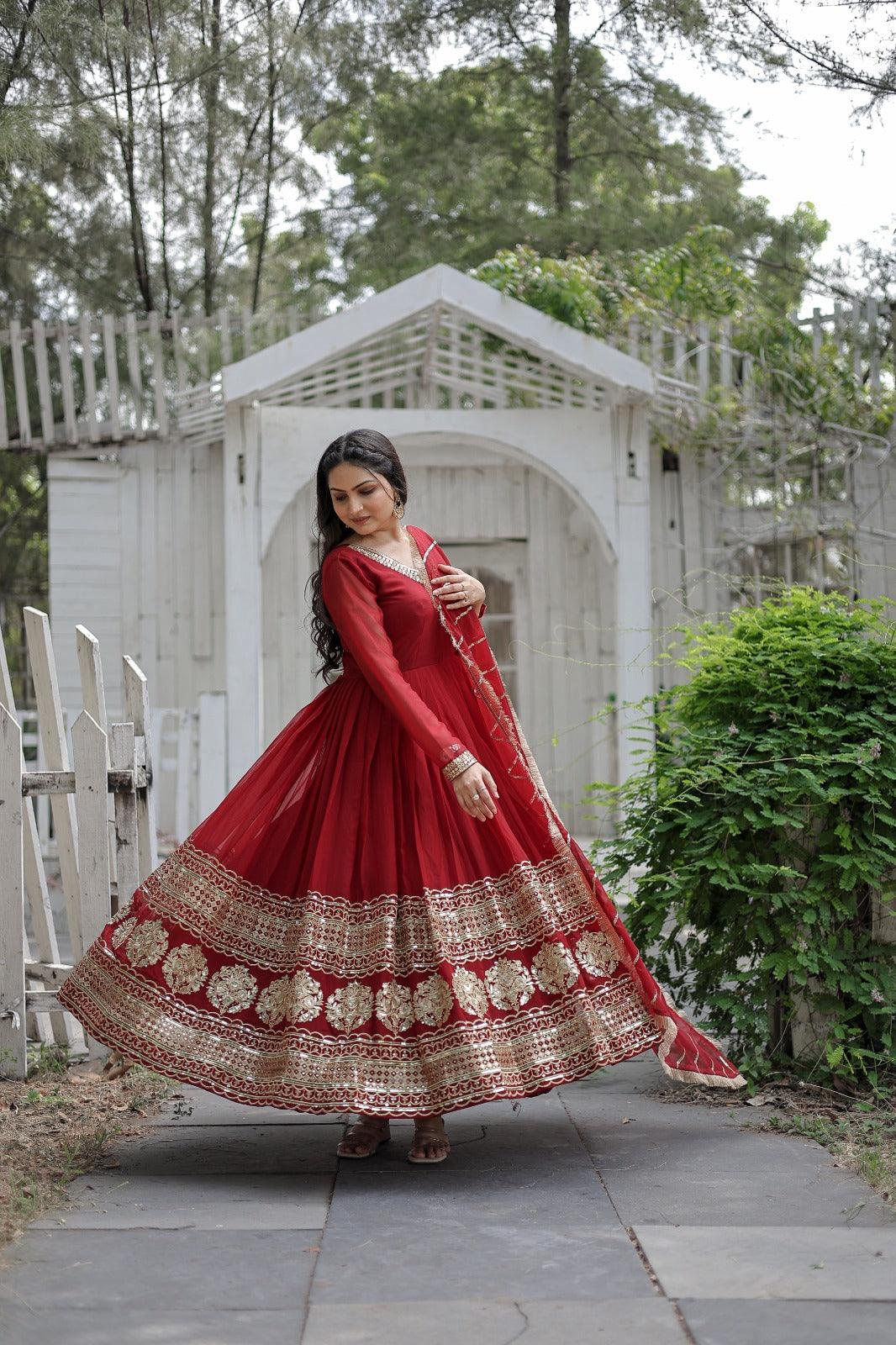 Red Enchanting Blooms Sequins Gown-Dupatta Collection - Inayakhan Shop 