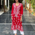 Red Ethereal Elegance Cotton Chikankari Kurta and Pant Set