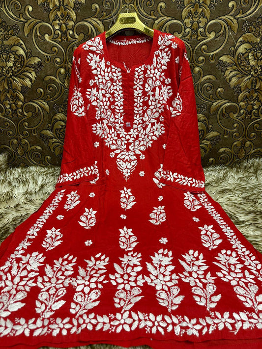 Red Ethereal Elegance: Lucknow Chikankari Heavy Modal Big Size Kurti - Inayakhan Shop 