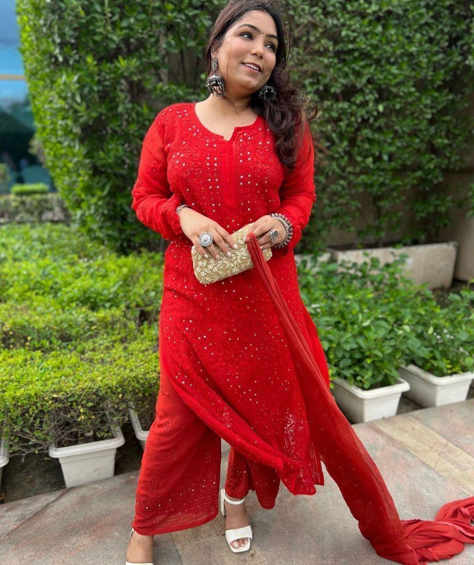 Red Ethereal Viscose Bliss: Premium Heavy Jaal Work Viscose Plazzo Set - Inayakhan Shop 