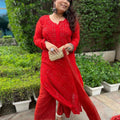 Red Ethereal Viscose Bliss: Premium Heavy Jaal Work Viscose Plazzo Set